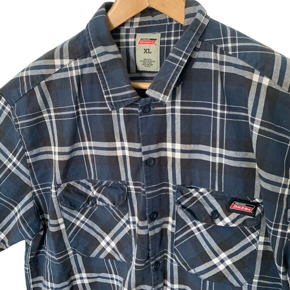 DICKIES Mens XL Blue Plaid Heavy Cotton Twill Utility Shirt Short Sleeve Pockets - Picture 3 of 5